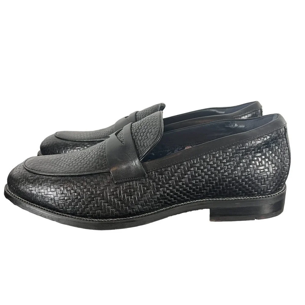 Men's Black Woven Leather Penny Loafers